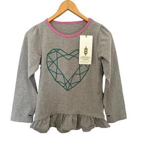 NWT Peekaboo Beans Grey "Crystalicious" Heart Decal Ruffle Long Sleeve Shirt
